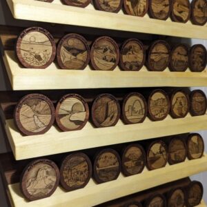 National Park Medallions - A collection of carved wood medallions lined up on a shelve