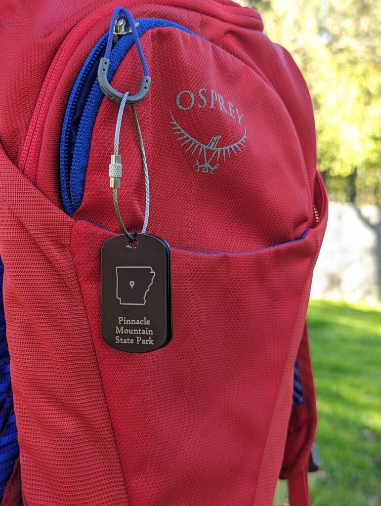 State Park Trail Tags are a great way to track which trails you have completed. One side had the state outline with location pin and State park name. The other has a checklist of up to five of the best trails at the park.